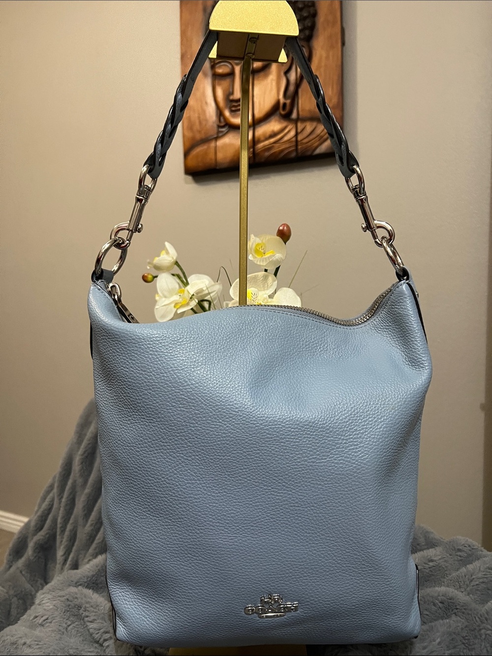 Coach Abby Light Blue Pebbled Leather Hobo with Braided Strap retail $398 EUC
